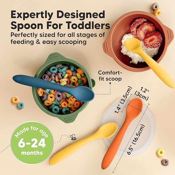 KeaBabies Silicone Baby Spoons, Self Feeding 6-12 months - 3-Pack Baby Weaning Eating Utensils, Toddler First Food Training Spoon, Infant, Kids Feeding Supplies Essential Set,Dishwasher-safe (Valiant)-BubblyBeeBaby