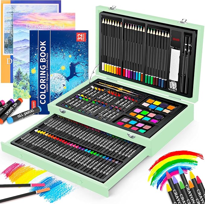 iBayam Art Supplies, 150-Pack Deluxe Wooden Art Set Crafts Drawing Painting Kit with 1 Coloring Book, 2 Sketch Pads, Creative Gift Box for Adults Artist Beginners Kids Girls Boys-BubblyBeeBaby