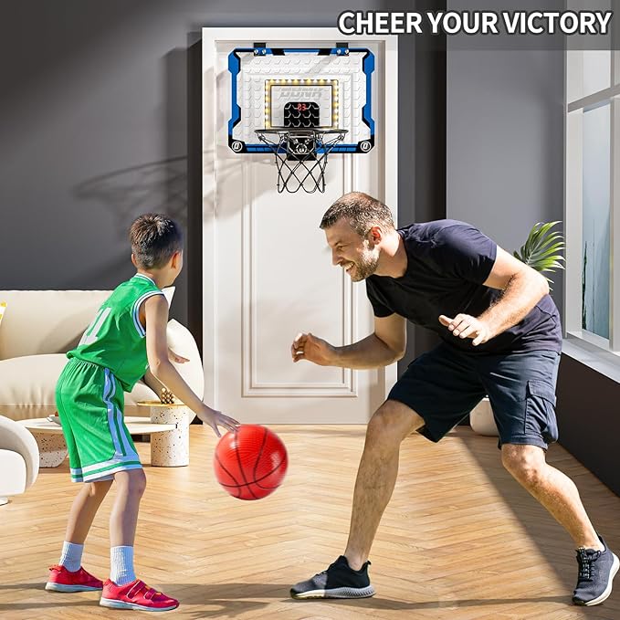 Indoor Basketball Hoop for Kids, Over The Door Mini Basketball Hoops, LED Light Mini Hoop with Scoreboard & 4 Balls, Kids Basketball Hoop Sport Toys Gifts for 5 6 7 8 9 10 11 12+Year Old Boys-BubblyBeeBaby