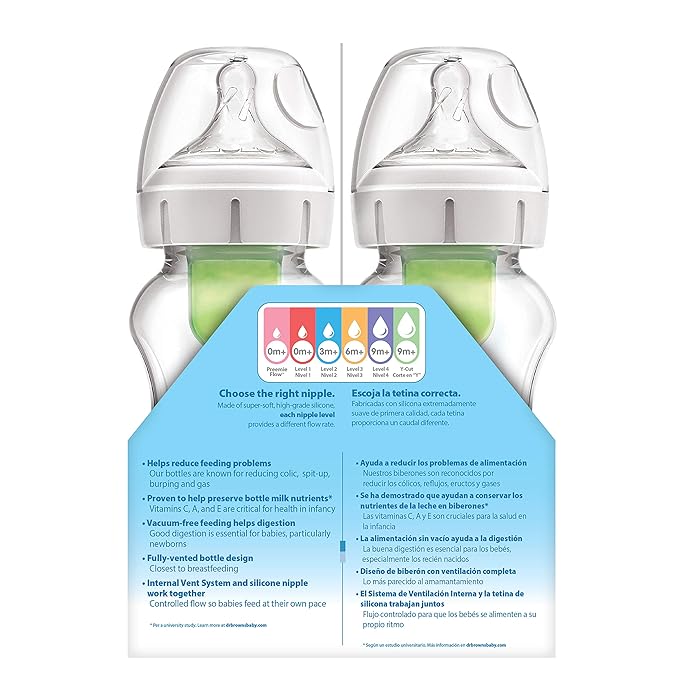 Dr. Brown's Natural Flow Anti-Colic Options+ Wide-Neck Baby Bottles, 9 oz/270 mL, with Level 1 Slow Flow Nipple, 4 Pack Good Morning/Good Night Gift Set-BubblyBeeBaby