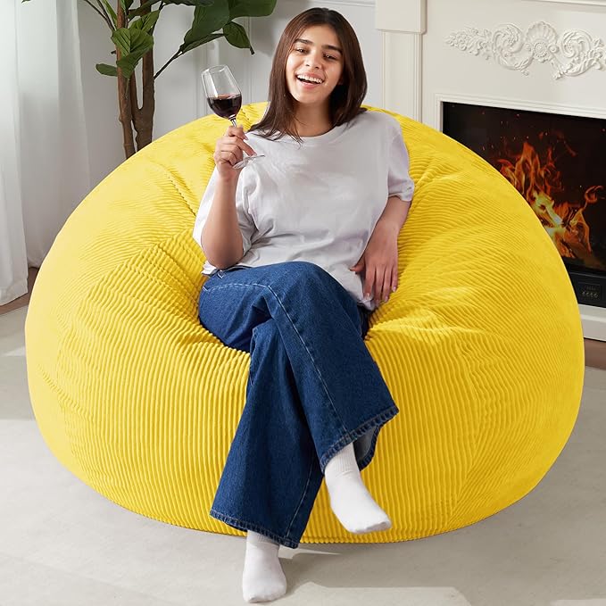 Homguava 3.5FT Bean Bag Chair: Teardrop Bean Bags with Memory Foam Filled, Compact Beanbag Chairs Soft Sofa with Corduroy Cover (Yellow)-BubblyBeeBaby