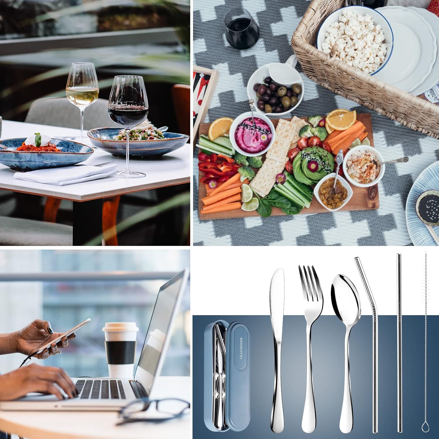 Portable Utensils Set with Case, 4pcs Stainless Steel Reusable Silverware for Lunch Camping School Picnic Workplace Travel, Lunch Box Includ Fork Spoon Knife,Easy to clean,Dishwasher Safe(Black)