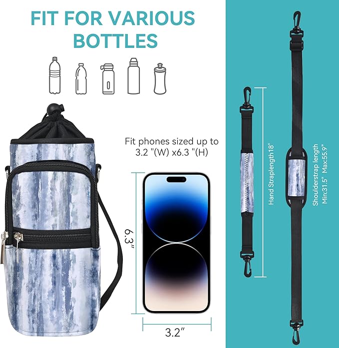 25/32/40/64oz Water Bottle Bag Holder Carrier-Insulated Crossbody Sling Case Sleeve with Strap & Pockets for Men Women Gym Cycling Travel Walking Hiking Camping-BubblyBeeBaby