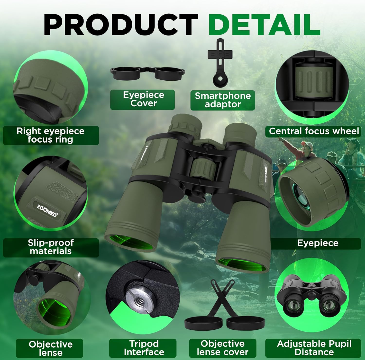 Binoculars with Phone Bracket Adapter, Militar, 20x50, Adults, High Power Waterproof with Low Light Night Vision for Hunting, Travel, Games, Bird, Carrying Case Strap.