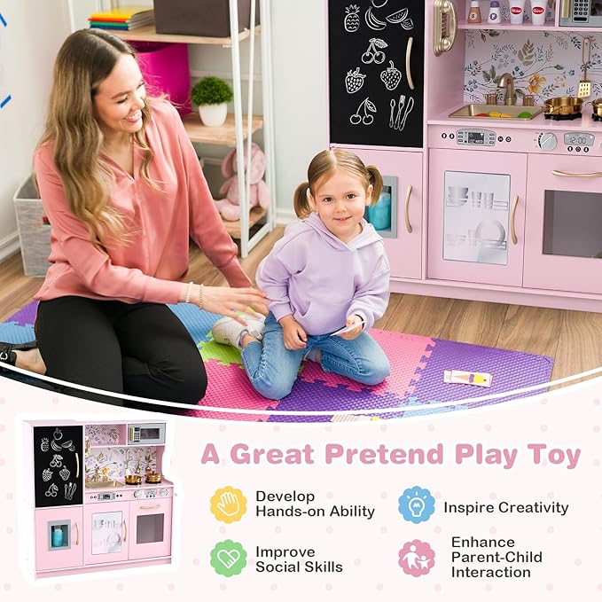 HONEY JOY Kids Kitchen Playset, Wooden Little Chef Pretend Toy Kitchen Set w/Chalkboard, Telephone, Utensils, Oven, Microwave, Sink, Storage, Play Kitchen for Toddlers Boys Girls, Pink Flower-BubblyBeeBaby