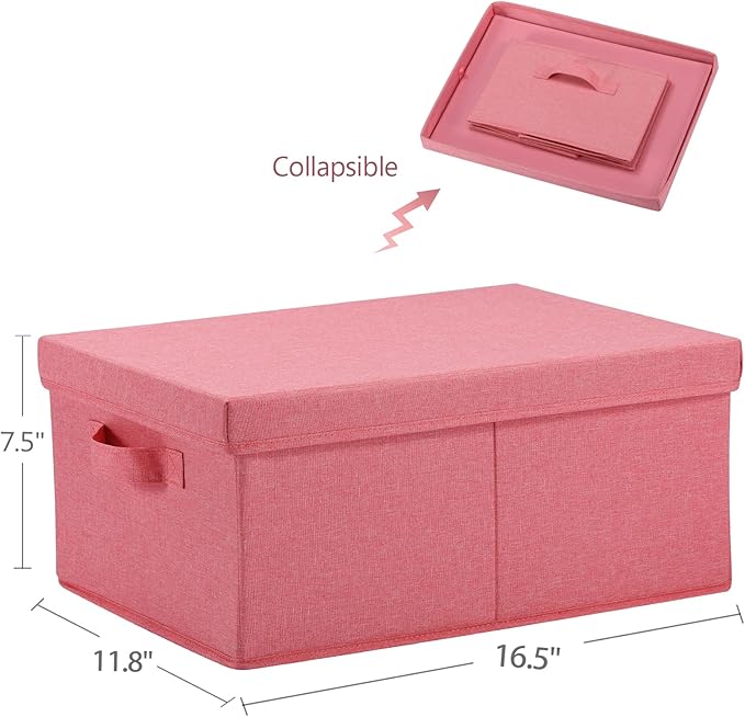 HOONEX Linen Foldable Storage Bins with Lids, 2 Pack, Storage Boxes with Carrying Handles and Sturdy Heavy Cardboard, 16.5" L x 11.8" W x 7.5" H for Shoes, Books, Clothes, Nursery, Pink-BubblyBeeBaby
