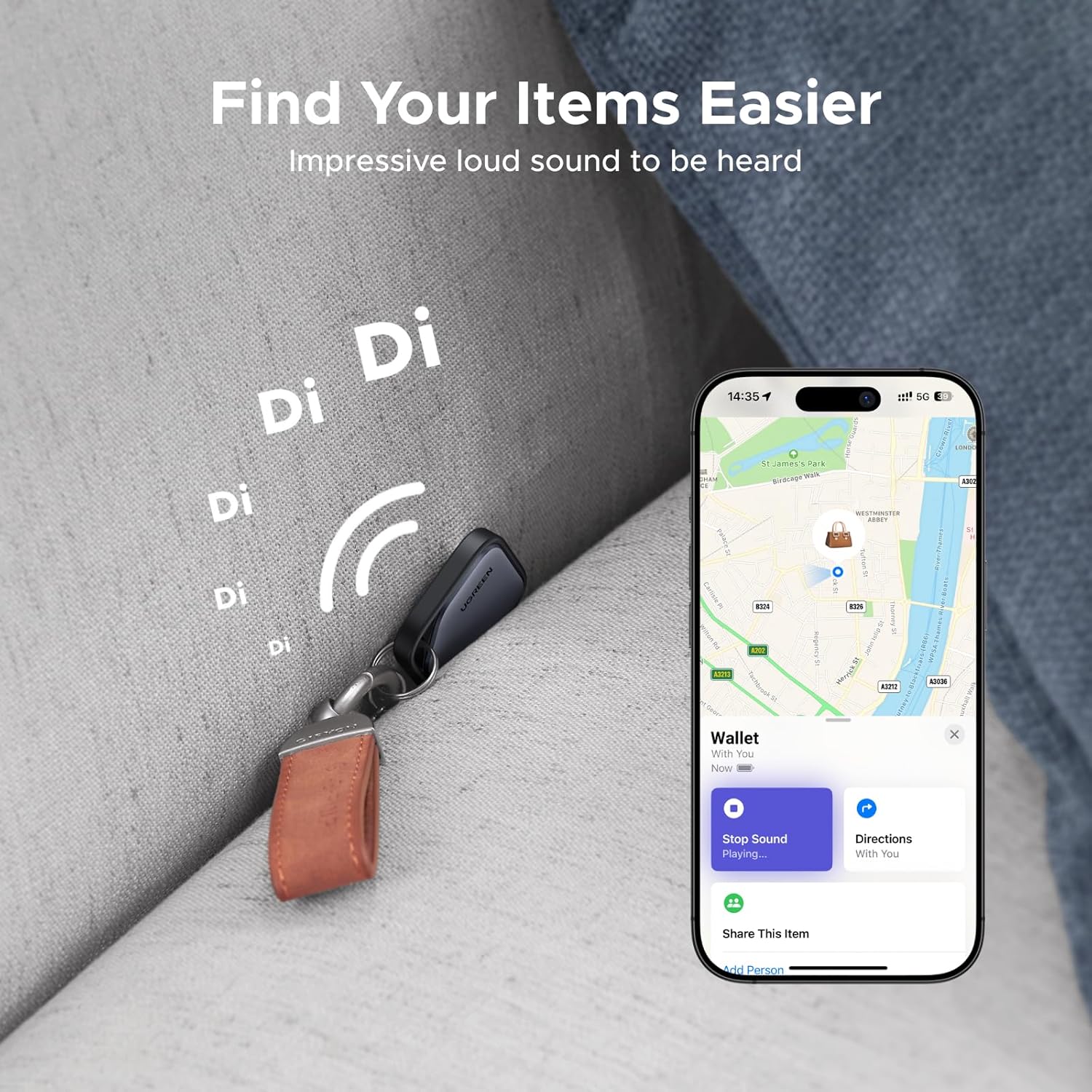 UGREEN FineTrack Smart Finder Compatible with Apple Find My (iOS Only) 2-Year Replaceable Battery Bluetooth Tracker Tags, Item Finder Smart Tag for Key Luggage Passport with Alarm& Left-Behind Remind