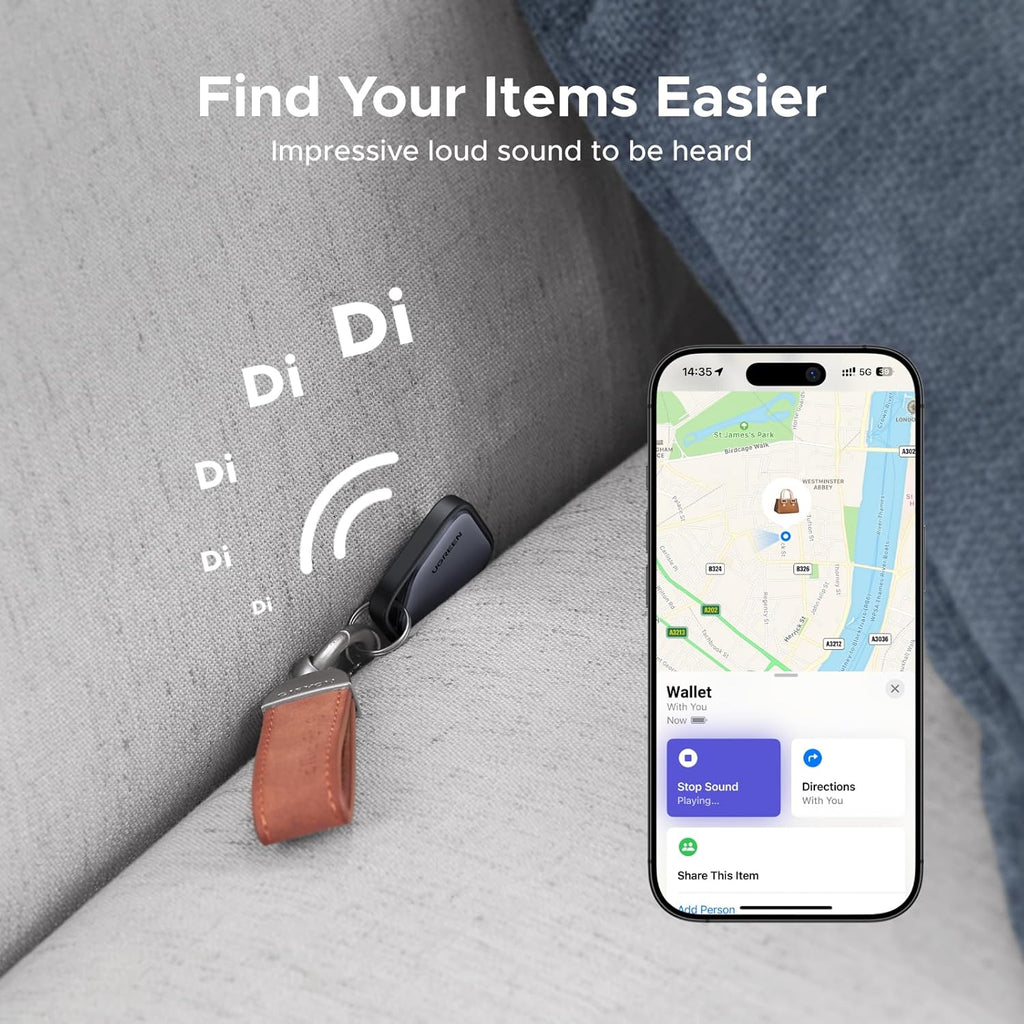 UGREEN 2Pack FineTrack Smart Finder Compatible with Apple Find My (iOS Only) 2-Year Replaceable Battery Bluetooth Tracker Tags, Item Finder Smart Tag for Key Luggage Passport