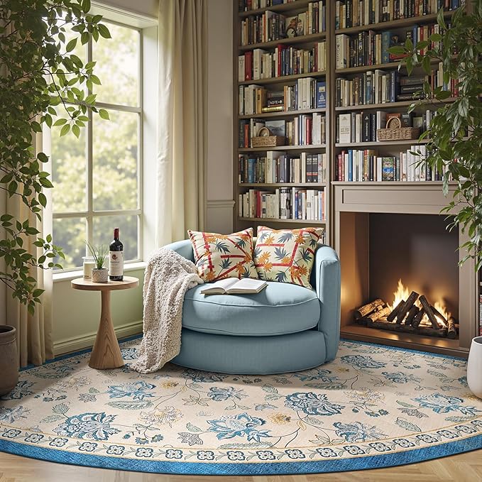 jinchan Floral Corner Rug for Living Room Washable Bedroom Rug Vintage Romance Design Non Slip Quarter Circle Lightweight Low-Pile Throw Carpet for Reading Nook Playroom,8ft Radius, Blue/Beige-BubblyBeeBaby