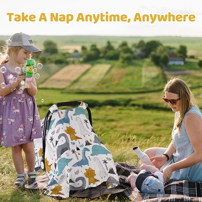 Rquite Dinosaurs Carseat Cover - Muslin Cotton Infant Car Seat Canopy, Breathable Baby Carrier Cover, Summer Stroller Sun Shade-BubblyBeeBaby