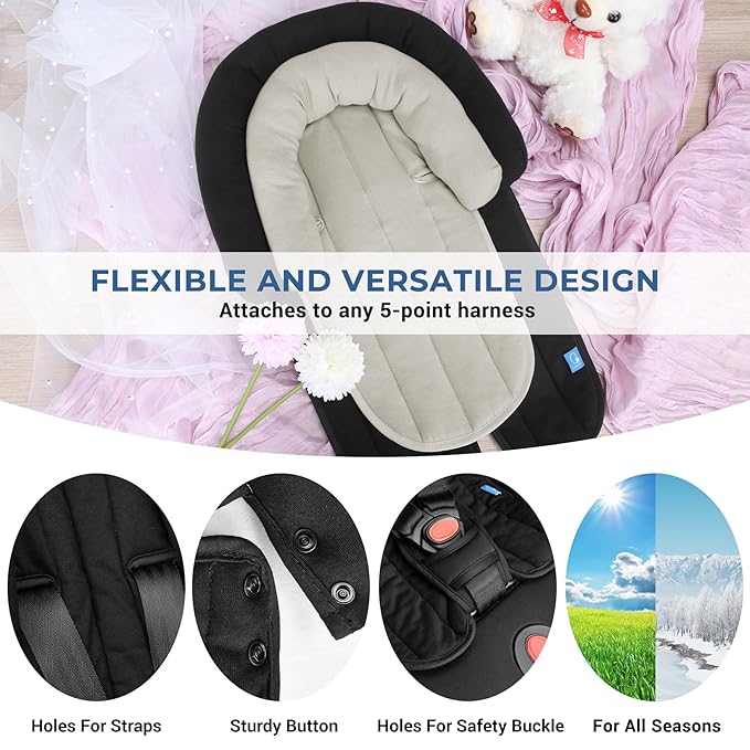 COOLBEBE Upgraded Babybody Support & Strap Covers Set for Newborn Infant Toddler - Extra Soft Breathable Car Seat Insert Cushion Pad, Perfect for Carseats, Strollers, Swing, Black-BubblyBeeBaby
