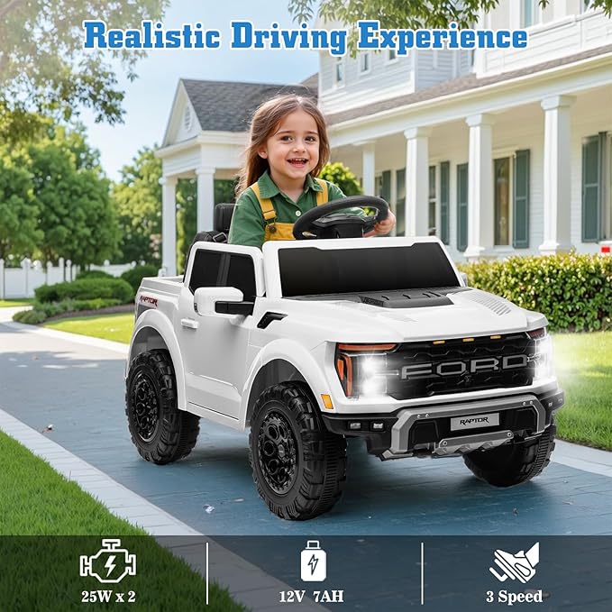 12V Ride on Car Licensed Ford F-150 Raptor, Kids Electric Car with Remote Control, LED Light/Music/MP3, Truck Bed Storage, 3-Point Seat Belt (12V, White)-BubblyBeeBaby