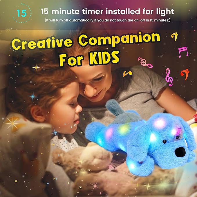 Hopearl LED Musical Stuffed Puppy Lighting Up Singing Plush Dog Adjustable Volume Lullaby Animated Soothe Birthday Festival for Kids Toddler Girls, Blue, 17''-BubblyBeeBaby