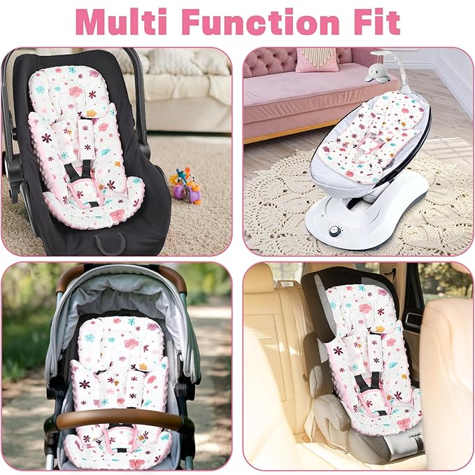 Infant Car Seat Insert with 3 Strap Covers, 3 in 1 Reversible Floral Baby Car Seat Head Support for Newborn, Baby Girl Newborn Essentials for Preemie to Infant, Stroller, Swing, Bouncer (Pink)-BubblyBeeBaby