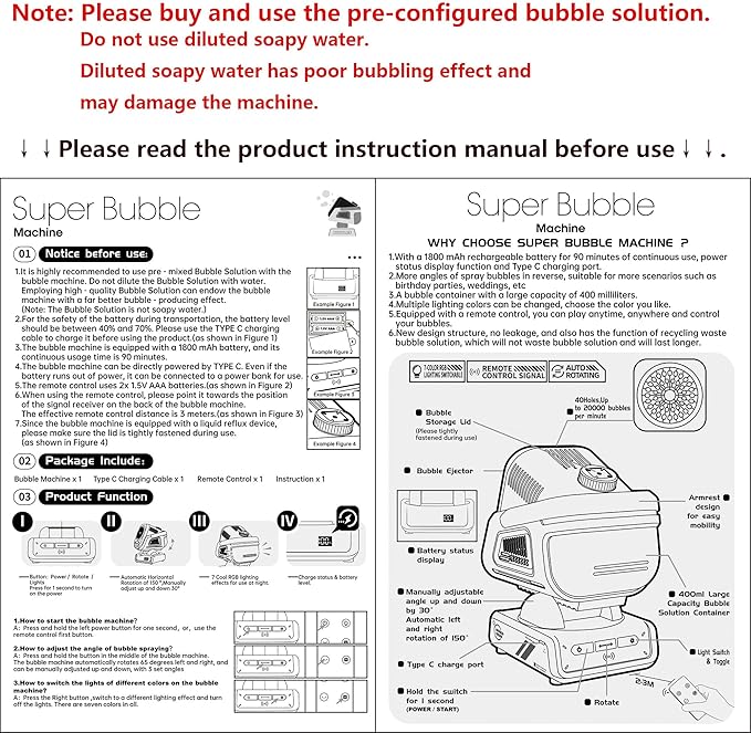 2025 Upgraded Bubble Machine with Remote Control, Automatic Rotation & RGB Lights, 1800mAh Rechargeable Battery, Type-C Charge, Bubble Maker for Kids, Weddings, Birthday Parties, Outdoor Activities-BubblyBeeBaby