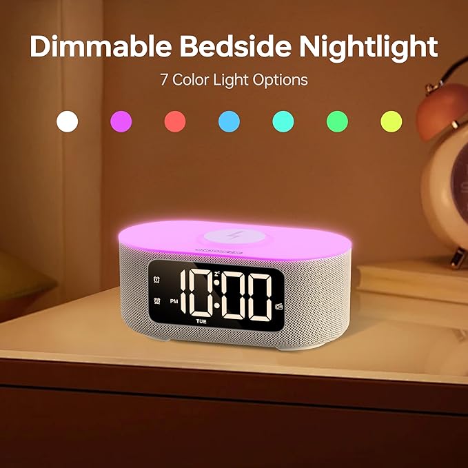 JALL Fabric Alarm Clock for Bedroom, with Big Led Screen Display, Bluetooth Stereo Sound Speaker, FM Radio, Fast Wireless Charging, USB Charging Port, Nightlight, White Noise, Ideal for Gift, Gray-BubblyBeeBaby