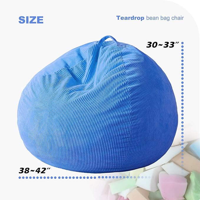 Homguava 3.5FT Bean Bag Chair: Teardrop Bean Bags with Memory Foam Filled, Compact Beanbag Chairs Soft Sofa with Corduroy Cover (Blue)-BubblyBeeBaby