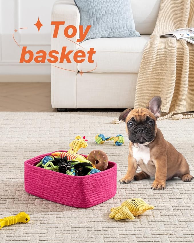 KALLAX Small Woven Basket, 13.5 x 9.5 x 5 Inches, Storage Basket for Organizing, Cute Small Rope Shelf Closet Cube Storage Bins Baskets for Shelves, Dog Toy Gift Baskets Empty, 3 Packs, Hot Pink-BubblyBeeBaby