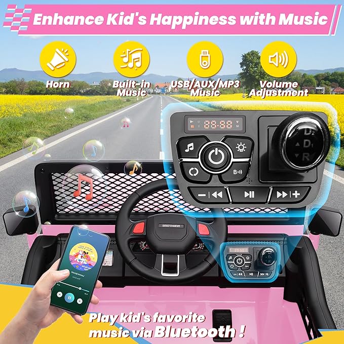 24V 4WD Ride on Truck Car w/800W Motors, Gift Flower, Remote Control, 2 Seaters, Light Bar, 3 Speeds, Pop Music, Power Four Wheels, 25 Volt Ride on Toy Car for Big Kids, Pink-BubblyBeeBaby