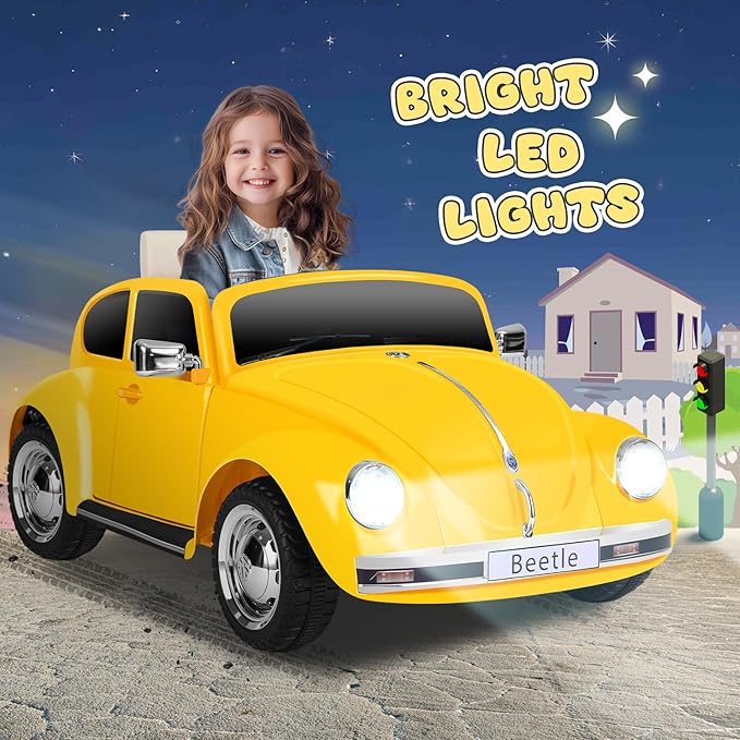 12V Kids Electric Car, Power Wheels with Remote Control, Ride on Car Toys with LED Light, 3 Speeds, Music, Yellow-BubblyBeeBaby