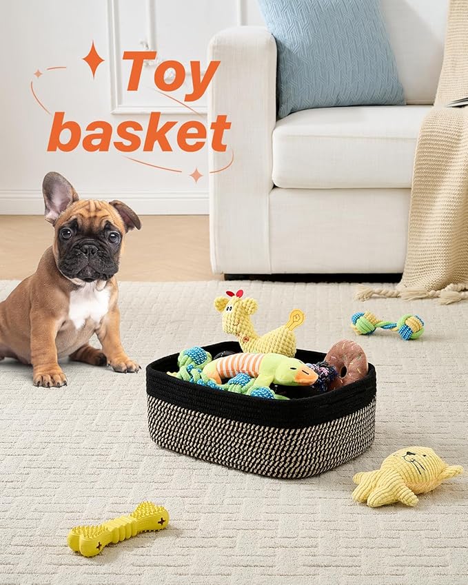 KALLAX Small Woven Basket, 13.5 x 9.5 x 5 Inches, Storage Basket for Organizing, Cute Small Rope Shelf Closet Cube Storage Bins Baskets for Shelves, Dog Toy Gift Baskets Empty, 3 Pack Black & Brown-BubblyBeeBaby