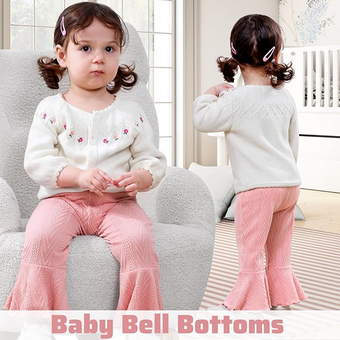 2 Pack Toddler Baby Girl Pants Flare Leggings Ribbed Knit Newborn Bell Bottoms Solid Ruffle Infant Pants for Girls-BubblyBeeBaby