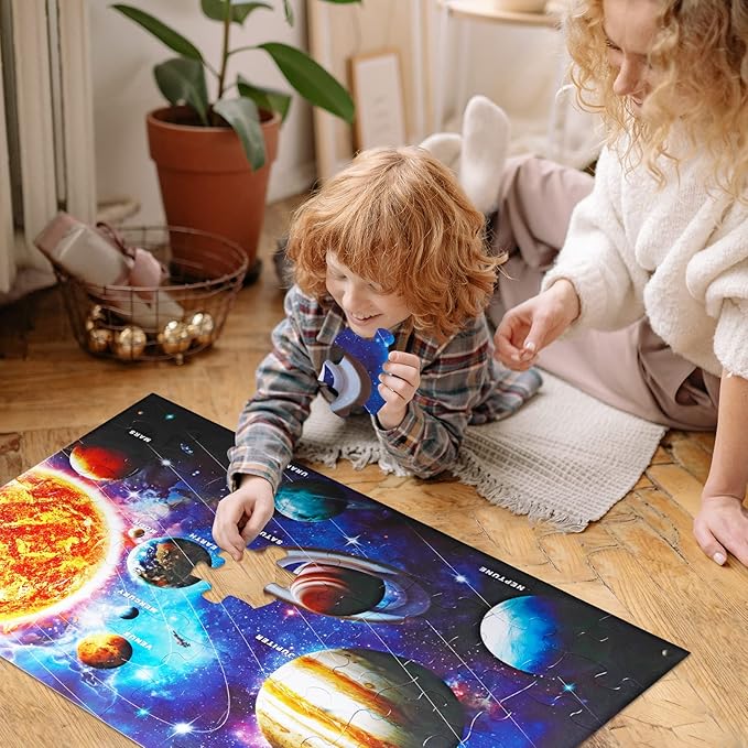 Jumbo Floor Puzzle for Kids Ages 4-8,Solar System Jigsaw Puzzles,48 Piece Space Large Puzzles for Toddler Ages 3-5,Preschool Learning Planets Toys Christmas Birthday Gift for Boys Girls-BubblyBeeBaby