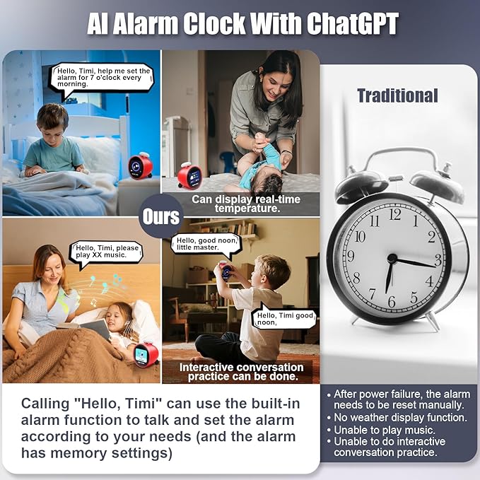 Kids Alarm Clock, Ok to Wake Clock for Kids, Sleep Trainer Clock for Toddler, Adorable Digital Alarm Clock, AI Voice Clock with Chat and 12 White Noise Sound Machine, Time Management Gift for Children-BubblyBeeBaby