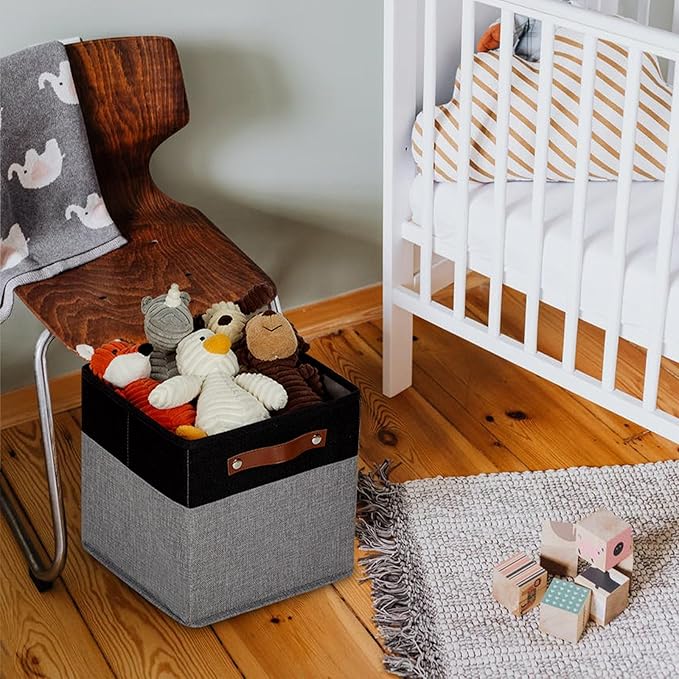 HNZIGE Fabric Cube Storage Baskets 11x11, Set of 4, Foldable Baskets with Handlesfor Organizer Closet(Black Gray)-BubblyBeeBaby