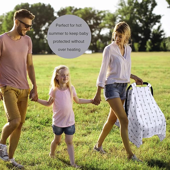 Rquite Car Seat Covers for Babies, 100% Muslin Carseat Cover Boys Girls, Lightweight Infant Car Seat Canopy, Soft Breathable Baby Carrier Cover, Summer Stroller Cover (Grey Arrow)-BubblyBeeBaby