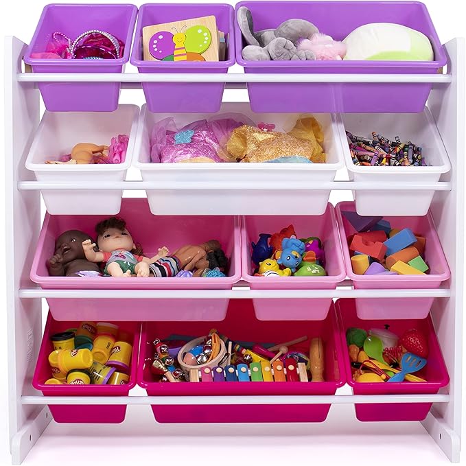 Humble Crew Kids Toy Storage Organizer with 12 Plastic Bins, White/Pink/Purple – Removable Bins for Playroom, Bedroom, Toddler Furniture for Boys and Girls Ages-BubblyBeeBaby