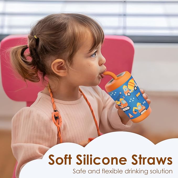 Kid Insulated Stainless Steel Tumbler with Silicone Straw, 12oz Sippy Cup for Kids (Construction Trucks)-BubblyBeeBaby