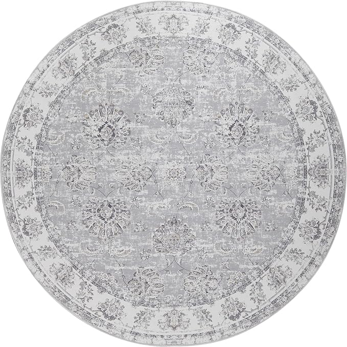 jinchan Round Rug 4ft Area Rugs Vintage Floral Distressed Design - Machine Washable Non-Slip Low-Pile Ultra-Thin Circle Rug for Entryway Bedside Living Room Dining Room Bedroom (4' Round,Grey)-BubblyBeeBaby