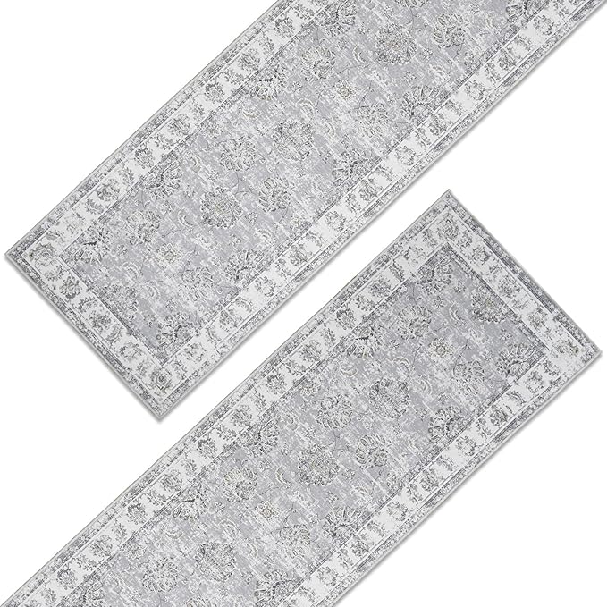 jinchan Runner Rug 2x5-2pcs Kitchen Washable Vintage Hallway Rug Floral Print Floor Cover Indoor Thin Retro Mat Accent Bathroom Laundry Room Bedroom Office Farmhouse (Double,Grey)-BubblyBeeBaby