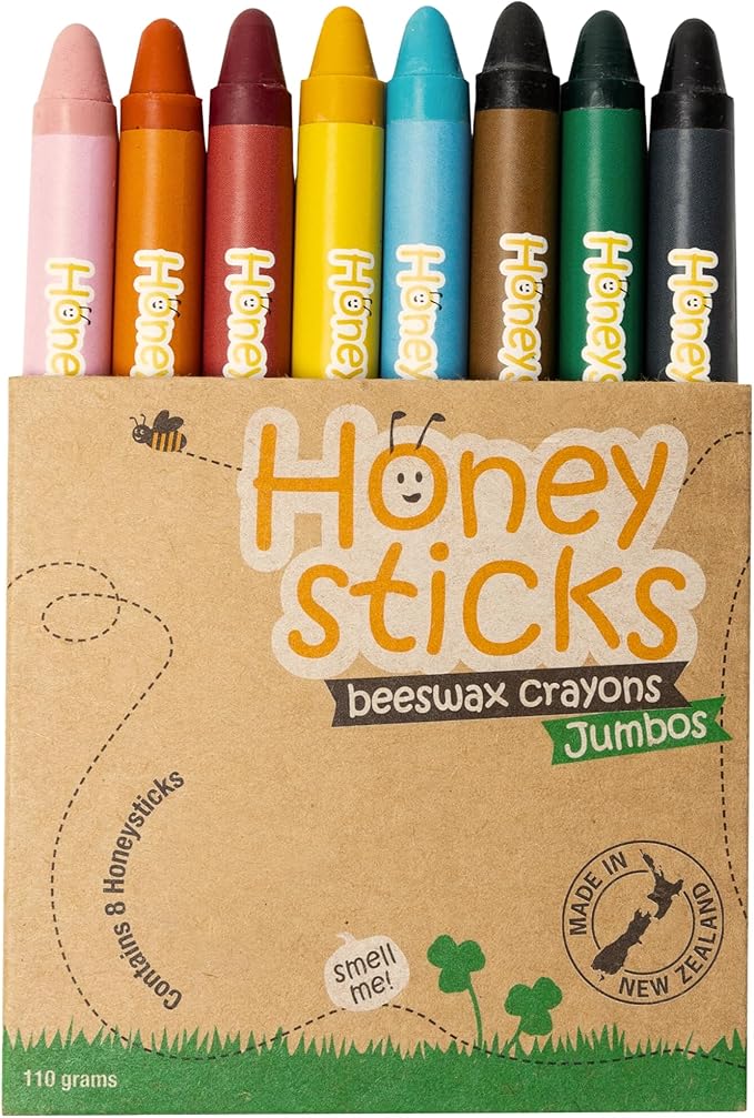 Honeysticks Jumbo Crayons (8 Pack) - Non Toxic Crayons - 100% Pure Beeswax and Food Grade Colors - 8 Bright Colors - Large, Easy to Hold and Use - Preschool Art Supplies for Toddlers/Kids 3-5, 4-8-BubblyBeeBaby