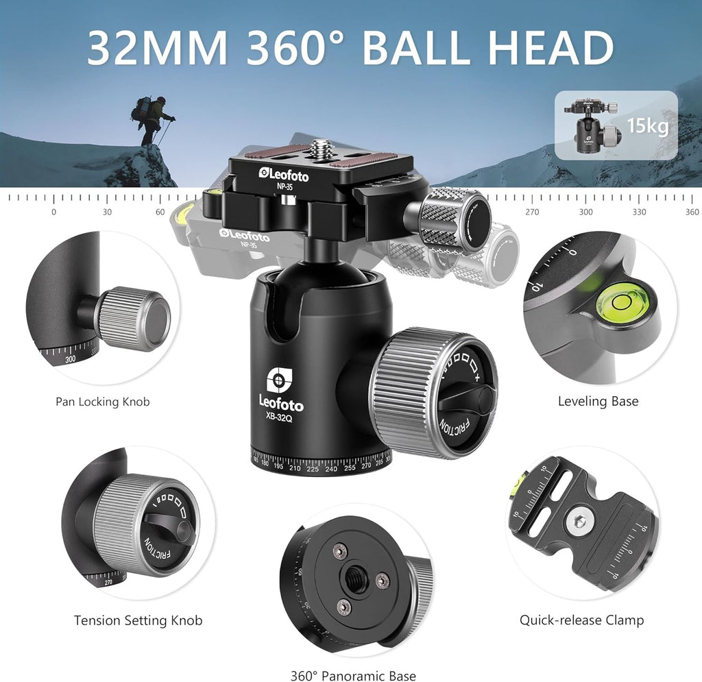 Lightweight Carbon Fiber Reverse Folding Travel Tripod with Ball Head, Removable Center Column, Folded Height 36cm, Maximum Load 6KG（LX-225CT+XB-32Q）