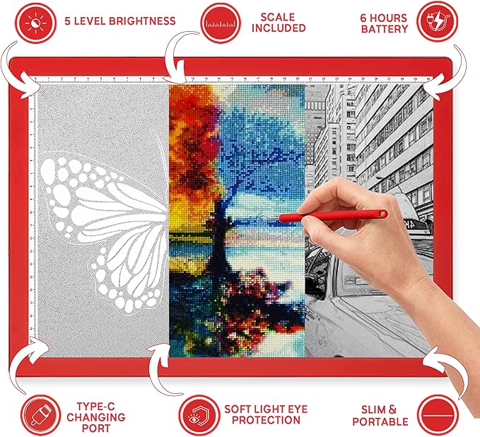 iVyne Rechargeable A4 Light Pad for Tracing & Weeding - LED Light Board for Weeding Vinyl - for Cricut Vinyl Weeding Tools - Ultra-Thin & Portable - Perfect for Artists & Crafters - Red-BubblyBeeBaby