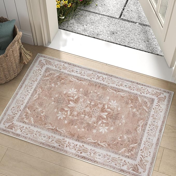 jinchan Floral 2x3 Rugs for Entryway - Vintage Washable Area Rug Ultra-Thin Low Pile Soft Small Non Slip Distressed Indoor Door mat Accent for Entrance Kitchen Bedroom (2x3ft,Coral Pink)-BubblyBeeBaby