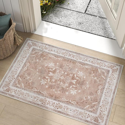 jinchan Floral 2x3 Rugs for Entryway - Vintage Washable Area Rug Ultra-Thin Low Pile Soft Small Non Slip Distressed Indoor Door mat Accent for Entrance Kitchen Bedroom (2x3ft,Coral Pink)-BubblyBeeBaby