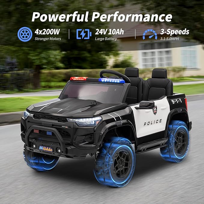 24V 10Ah Electric Police Car Ride on Toy for Big Kids, 4WD 2 Seater Kids Ride on Car SUV w/Remote Control, 4x200W Motors - Black-BubblyBeeBaby