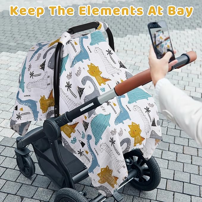 Rquite Dinosaurs Carseat Cover - Muslin Cotton Infant Car Seat Canopy, Breathable Baby Carrier Cover, Summer Stroller Sun Shade-BubblyBeeBaby