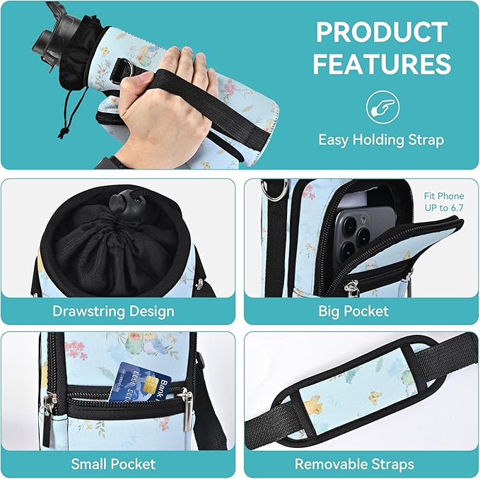 25/32/40/64oz Water Bottle Bag Holder Carrier-Insulated Crossbody Sling Case Sleeve with Strap & Pockets for Men Women Gym Cycling Travel Walking Hiking Camping-BubblyBeeBaby