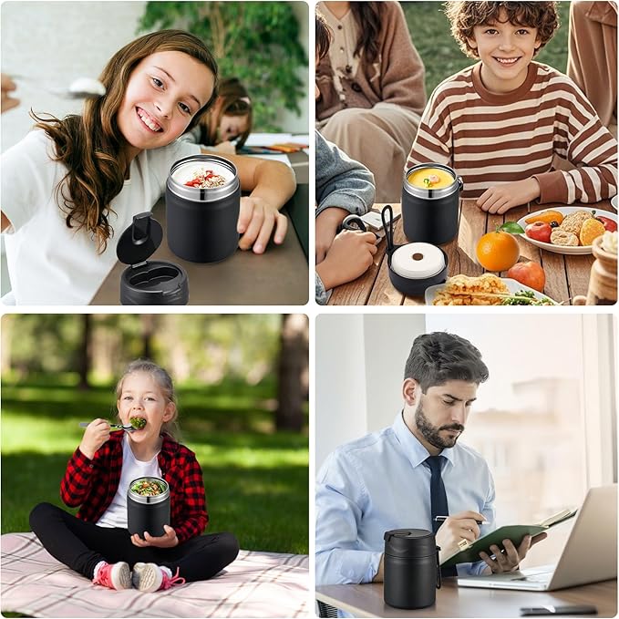17oz Soup Thermo for Hot Food Kids,Insulated Food Jar with Spoon,Thermo Hot Food Lunch Container,Wide Mouth Leakproof Stainless Steel Lunch Box for School-Black-BubblyBeeBaby