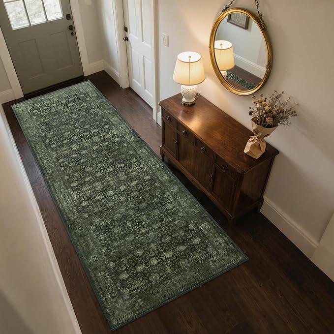 2'6x8' Washable Runner Rug for Hallway, Non Slip Vintage Floral Long Carpet Runners for Entryway, Kitchen, Bathroom, Bedroom, Low Pile Laundry Rugs Rubber Backing (Distressed Green)-BubblyBeeBaby