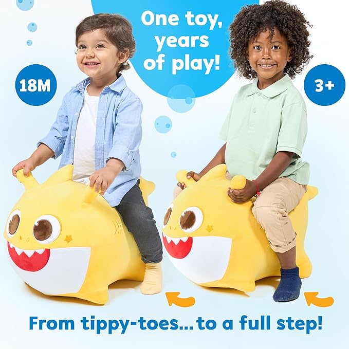 JITTERYGIT Baby Shark Official Bouncy Hopper Plush Musical Singing Toy - Inflatable Animal Ride On for Indoor & Outdoor - Birthday Gift for Kids & Toddlers (Boys & Girls) Ages 18+ Months (Yellow)-BubblyBeeBaby