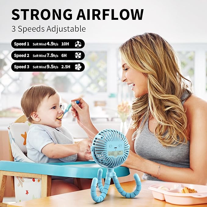 AMACOOL Battery Operated Stroller Fan Flexible Tripod Clip On Fan with 3 Speeds and Rotatable Handheld Personal Fans for Car Seat Crib Bike Treadmill (Blue)-BubblyBeeBaby