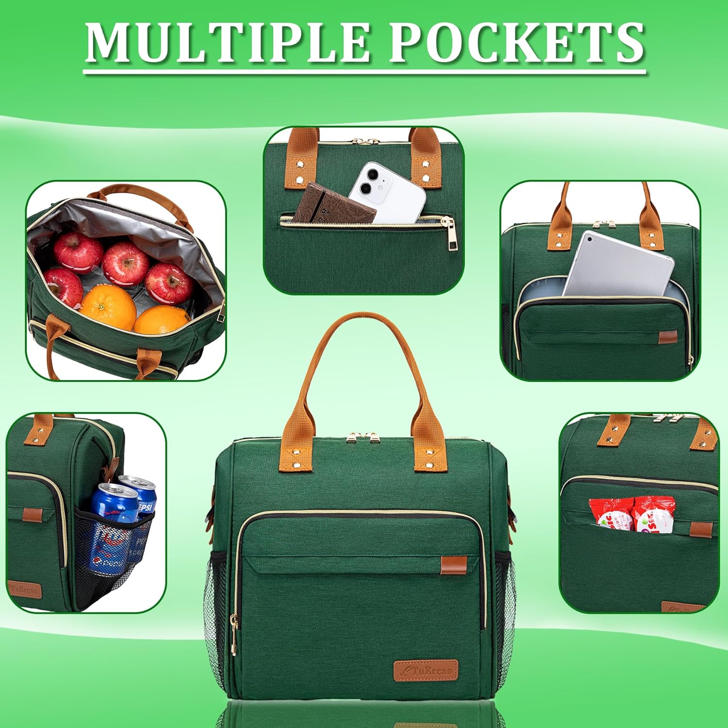 TuErCao Insulated Lunch Bag Adult Lunch Box for Women for Work Leakproof Soft Cooler for Beach Travel Picnic, Dark Green