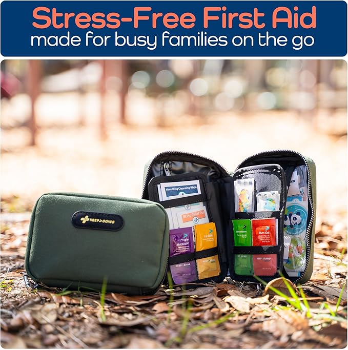 Keep Going Travel First Aid Kit for Kids – 130 Pc. for Car, Purse, Diaper Bag, Backpack, & Suitcase, with Latex-Free Bandages – 7 x 5 x 2 in. Travel First Aid Kit TSA-Approved-BubblyBeeBaby