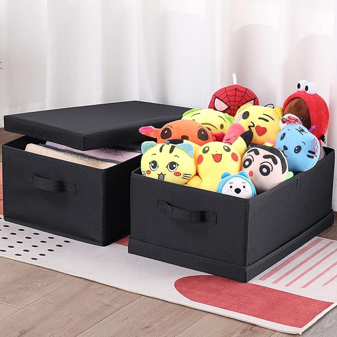 HOONEX Storage Bins with Lids for Organizing, Pack of 2, Storage Boxes with 2 Carrying Handles and Sturdy Heavy Cardboard, 16.5" L x 11.8" W x 7.5" H for Shoes, Books, Clothes, Black-BubblyBeeBaby