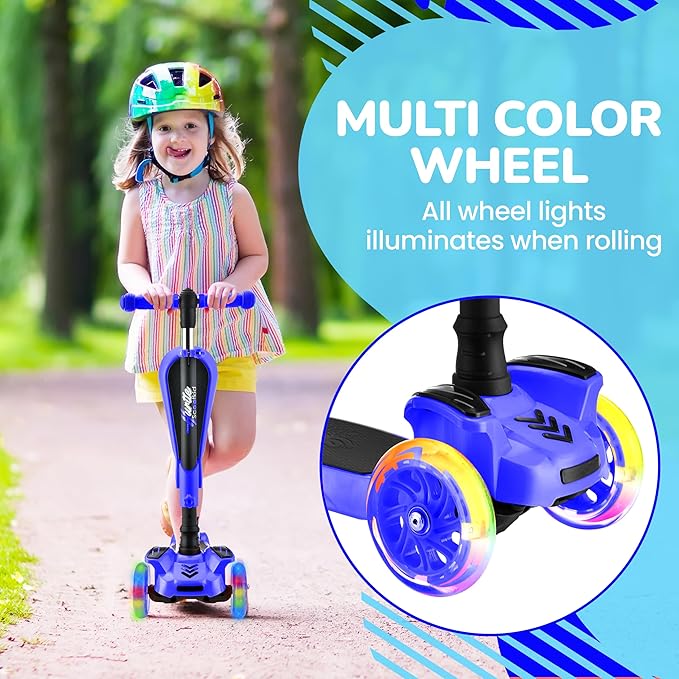 Hurtle 3-Wheeled Scooter for Kids - Wheel LED Lights, Adjustable Lean-to-Steer Handlebar, and Foldable Seat - Sit or Stand Ride with Brake for Boys and Girls Ages 1-14 Years Old-BubblyBeeBaby